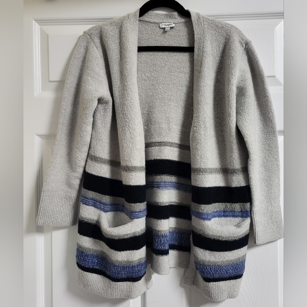 Olivia Warren NY-Striped, Gray, Open Front Cardigan,Wool Blend Sweater - Size L